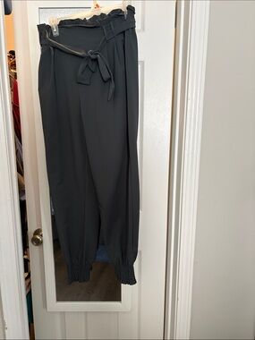 Grace Karin Black Paperbag Waist Jogger Pants with Tie Belt